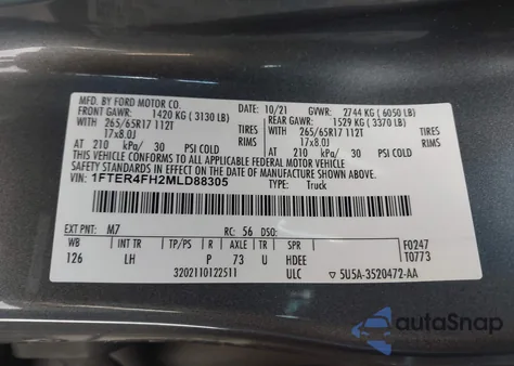 2021 Ford Ranger Xlt z USA, uszkodzony, nr VIN 1FTER4FH2MLD88305